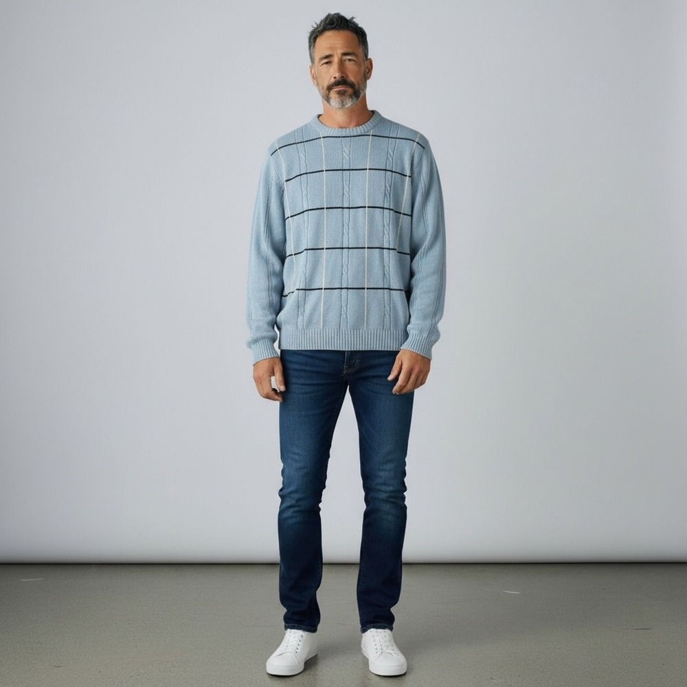 Bill Blass Mens Light‎ Blue Cotton Cable Knit Windowpane Crewneck Sweater XL